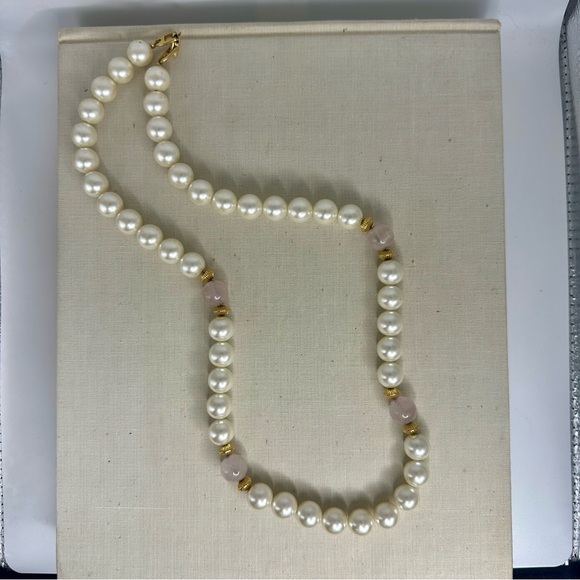 Vintage Napier Faux Pearl w Pink Quartz Beaded Necklace - Picture 2 of 4